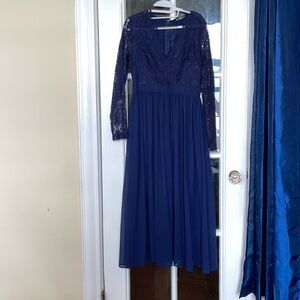 SHEIN navy blue lace vneck long sleeve maxi long ball gown prom dress size large